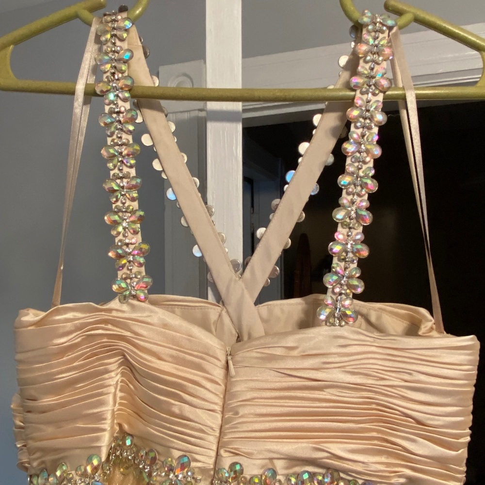 Champagne Ruched Rhinestone Bodice Dress - Picture 6 of 10